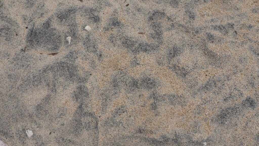 最初　バーベキューの跡かと思いましたが、砂鉄を含む鴨ガ磯の砂浜